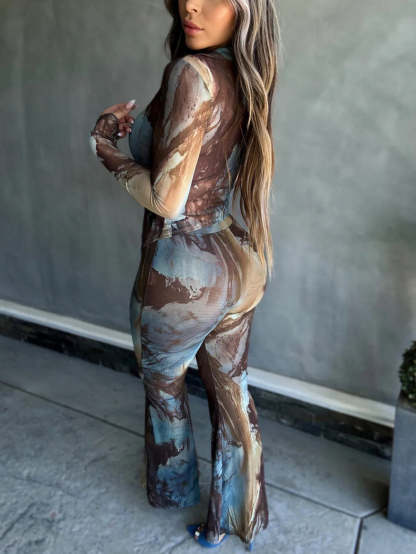 Two Piece Mesh Print Shirt Pants Set