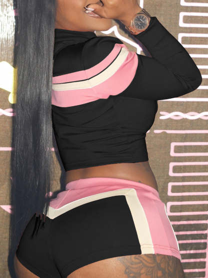 Three Piece Color Block Bra Jacket Shorts Set