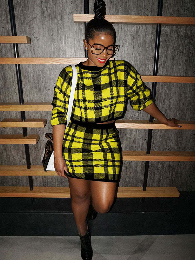 Knit Two Piece Plaid Print Skirt Suit