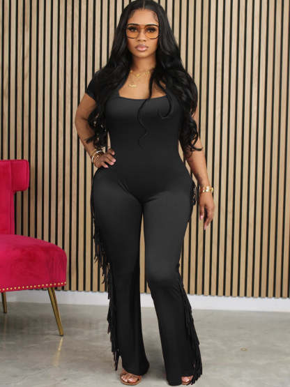Short Sleeve Fringe Flare Jumpsuit