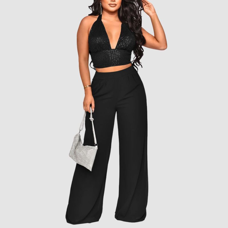 Sequined Halter Vest High Waisted Straight Pants Set