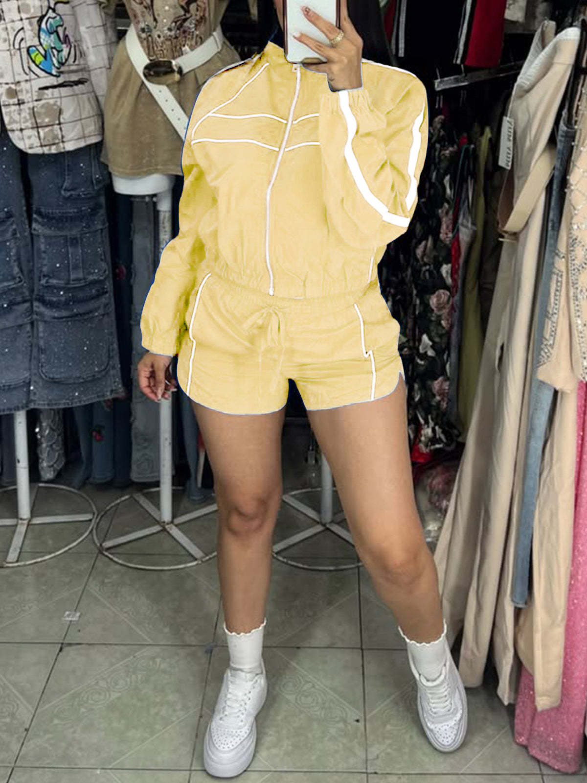 Zipper Colorblock Long Sleeve Shorts Set