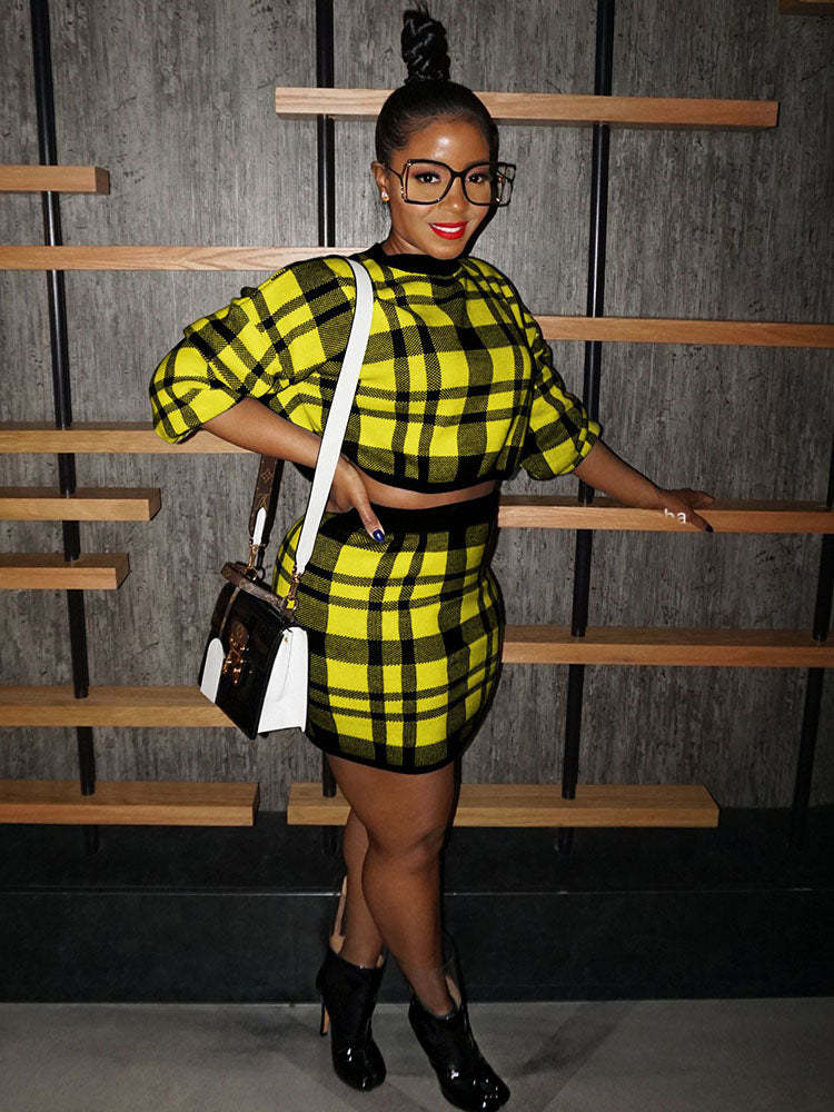 Knit Two Piece Plaid Print Skirt Suit
