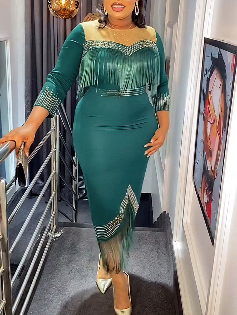 Plus Size Rhinestone Fringe Dress