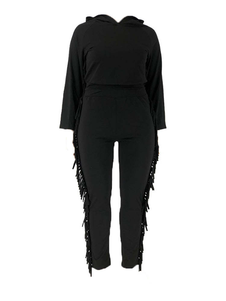 Two Pieces Plus Size Fringe Hooded Tracksuit