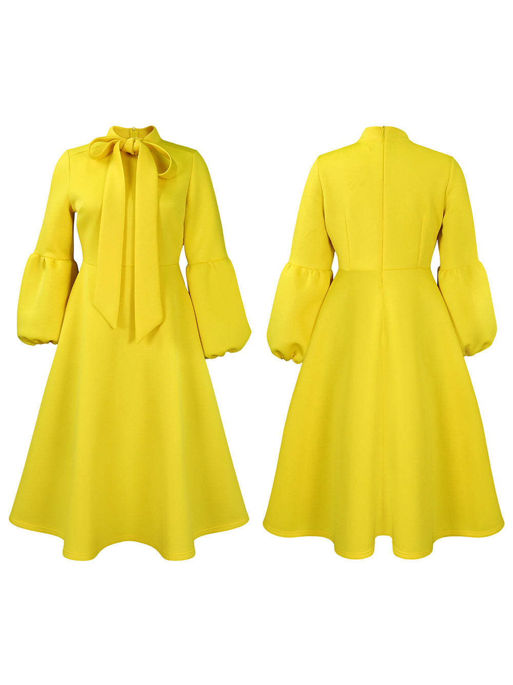 Puff Sleeve Bow-Tie Neck Flared Midi Dress