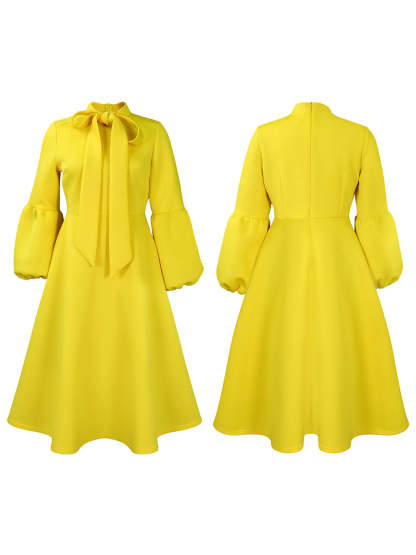 Puff Sleeve Bow-Tie Neck Flared Midi Dress