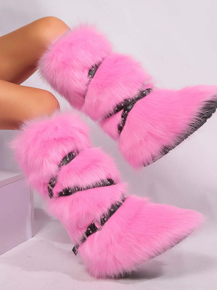 Y2K Faux Fur Cross Strap Buckle Boots