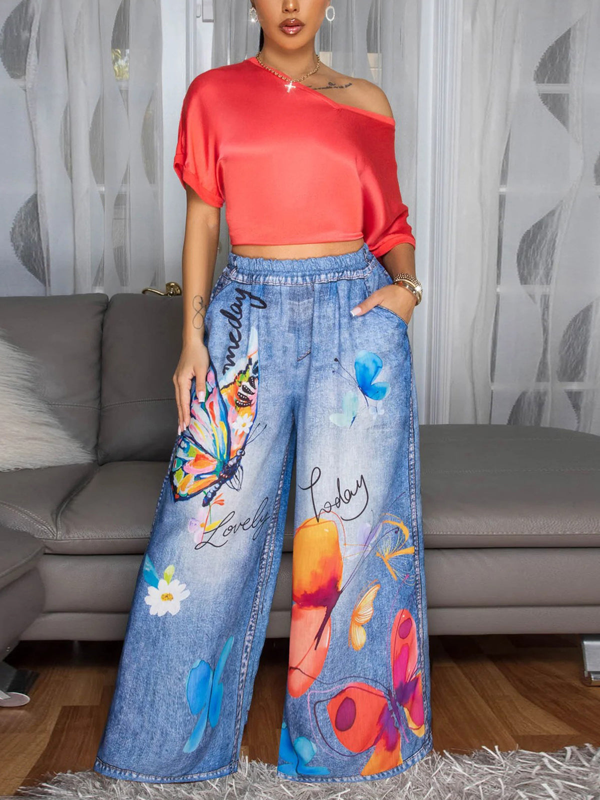 Floral Butterfly Print Wide Leg Jeans