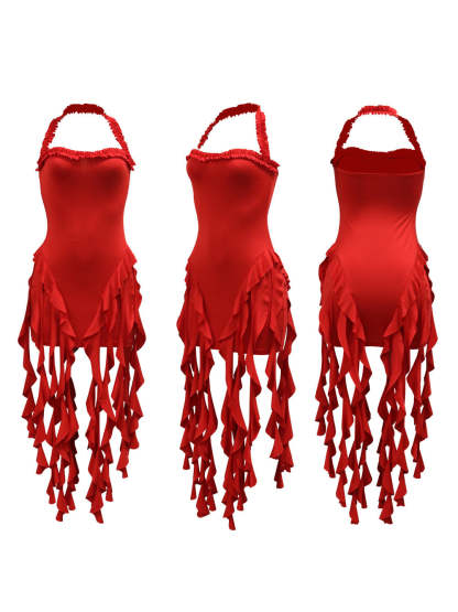 Ruffle Fringe Halter Mini Dress