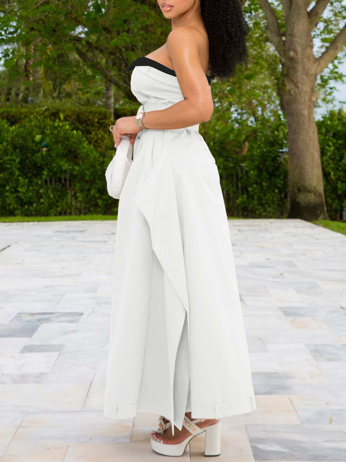 Strapless Button Front Belted A-Line Maxi Dress