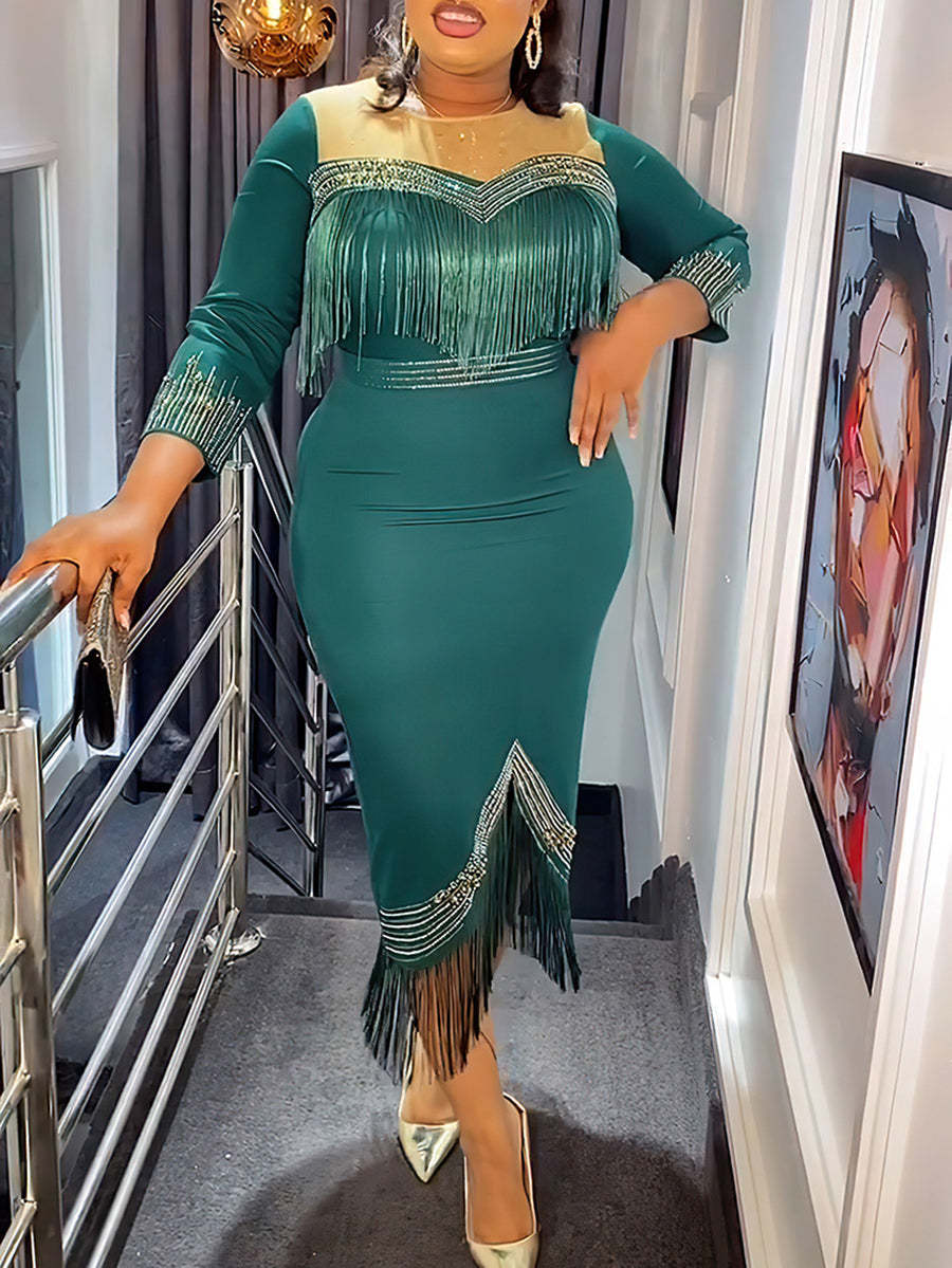 Plus Size Rhinestone Fringe Dress
