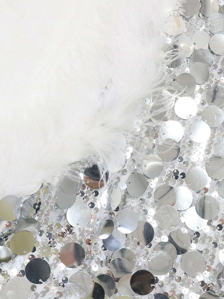 Sequin Halter Backless Feather Trim Dress