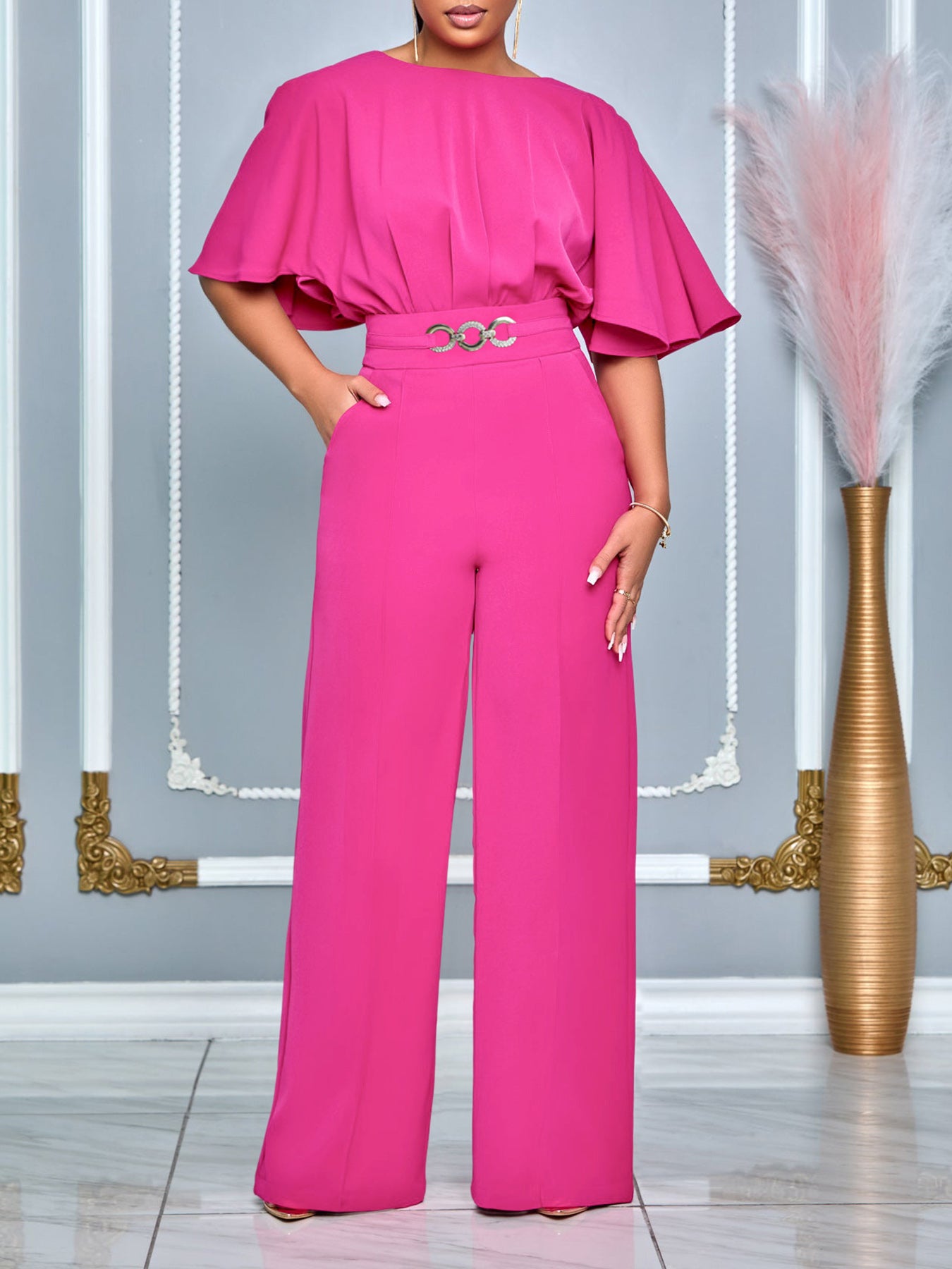 Round Neck Solid Color Wide-Leg Jumpsuit