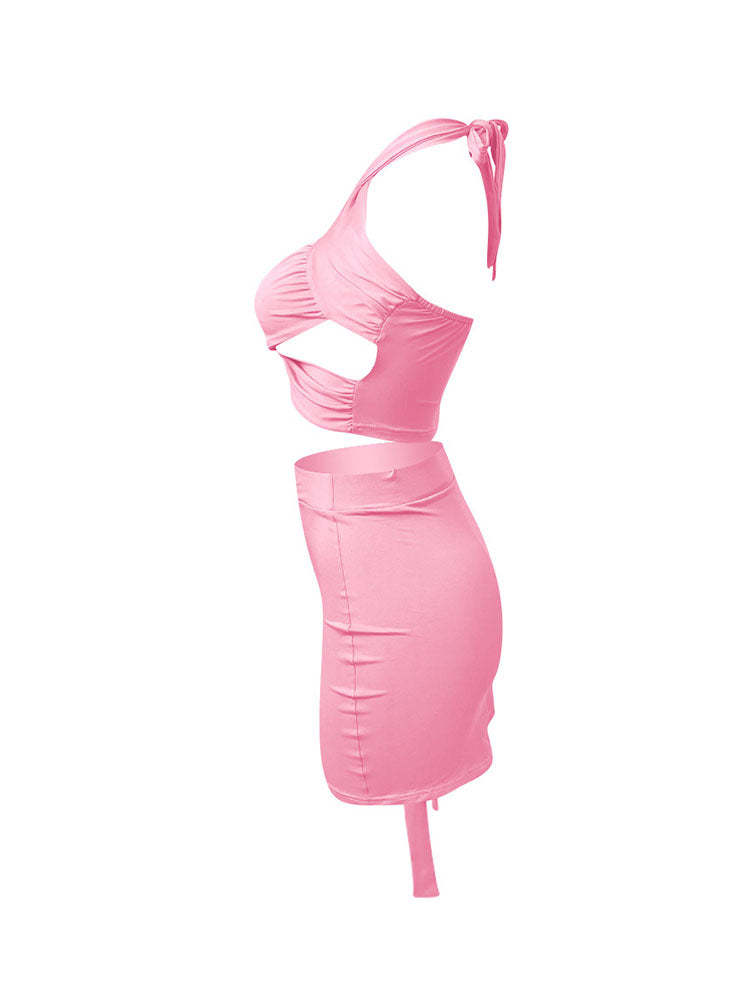 Two Piece Crisscross Crop Top Mini Skirts