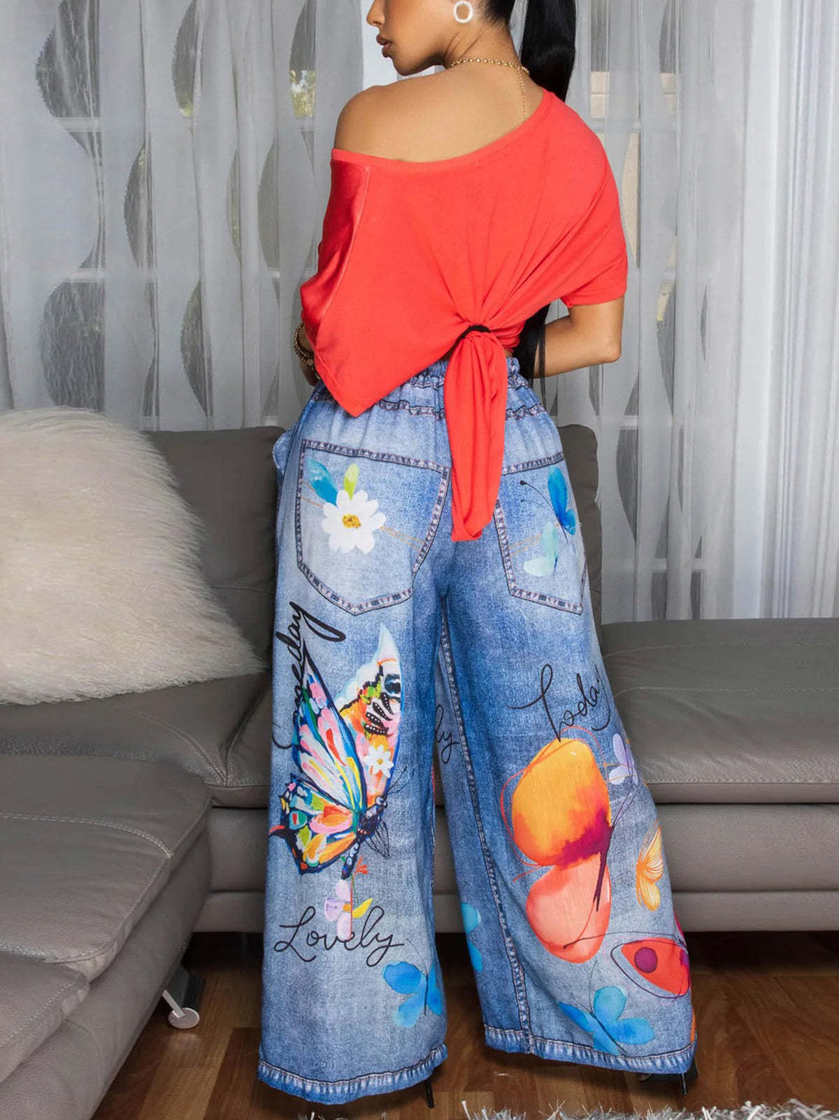 Floral Butterfly Print Wide Leg Jeans