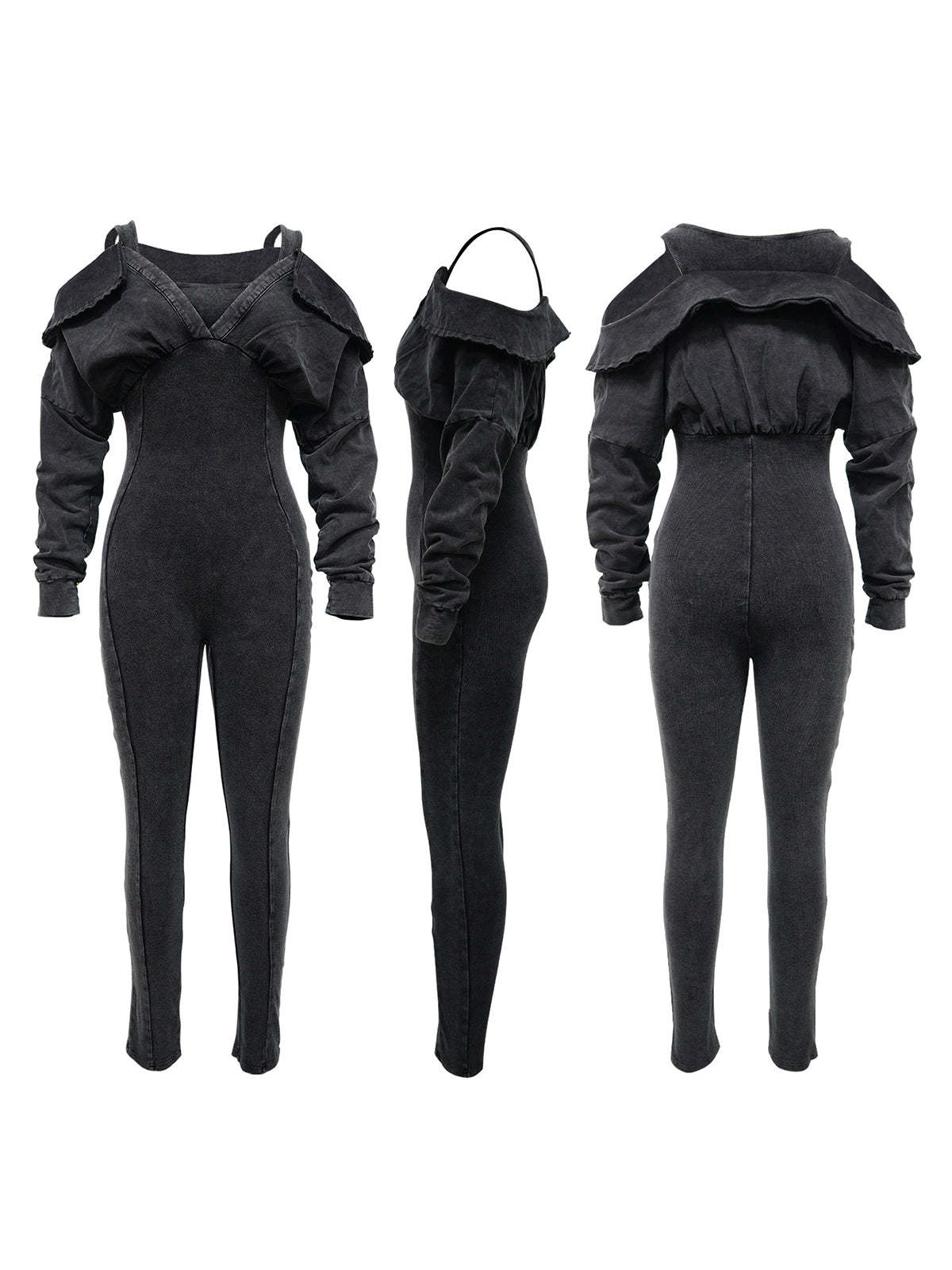 Off Shoulder Long Sleeve Ribbed Jumpsuit