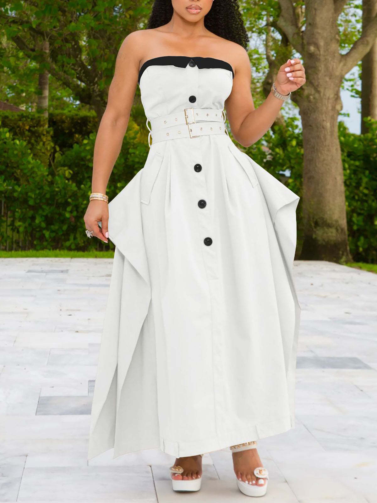Strapless Button Front Belted A-Line Maxi Dress