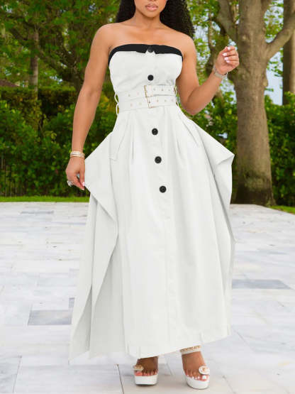 Strapless Button Front Belted A-Line Maxi Dress