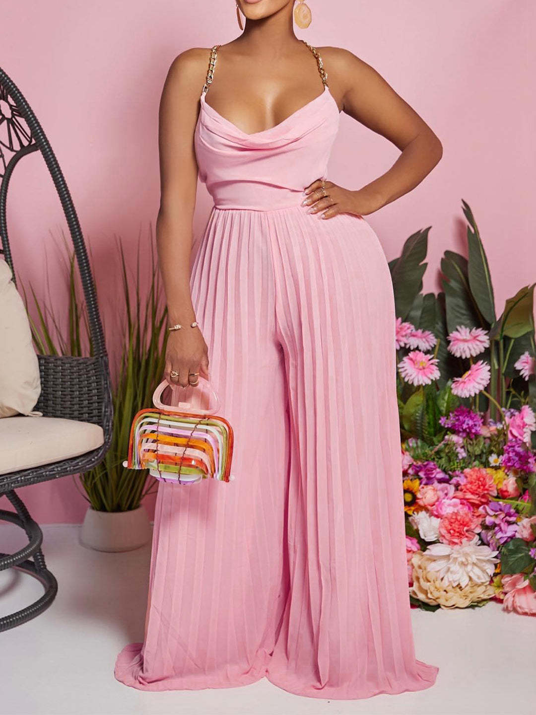 Backless Chain Halter Jumpsuit | High Waist Wide-Leg Style