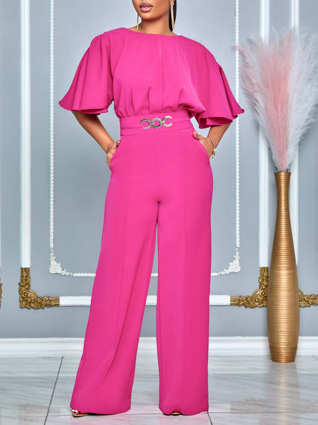 Round Neck Solid Color Wide-Leg Jumpsuit