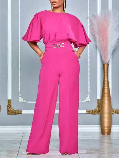 Round Neck Solid Color Wide-Leg Jumpsuit