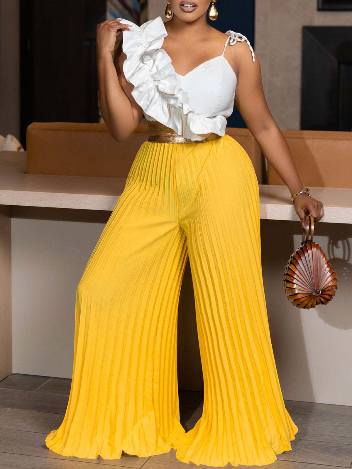 Ruffle One-Shoulder Set | Wide-Leg Pleated Pants Crop Top