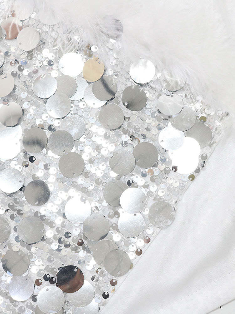 Sequin Halter Backless Feather Trim Dress