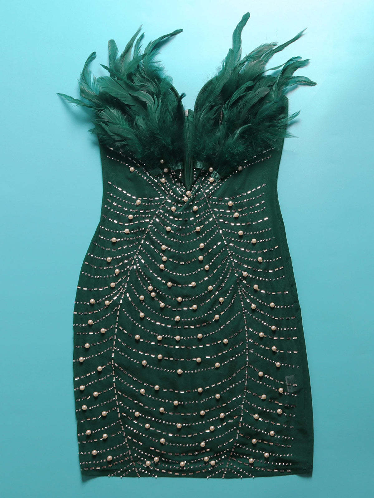 Feather Rhinestone Strapless Mini Dress