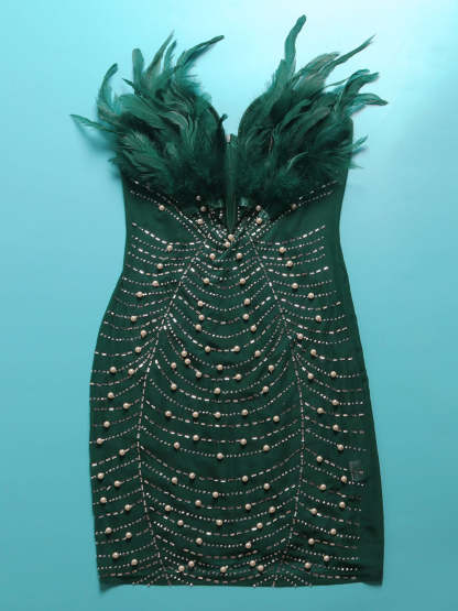 Feather Rhinestone Strapless Mini Dress