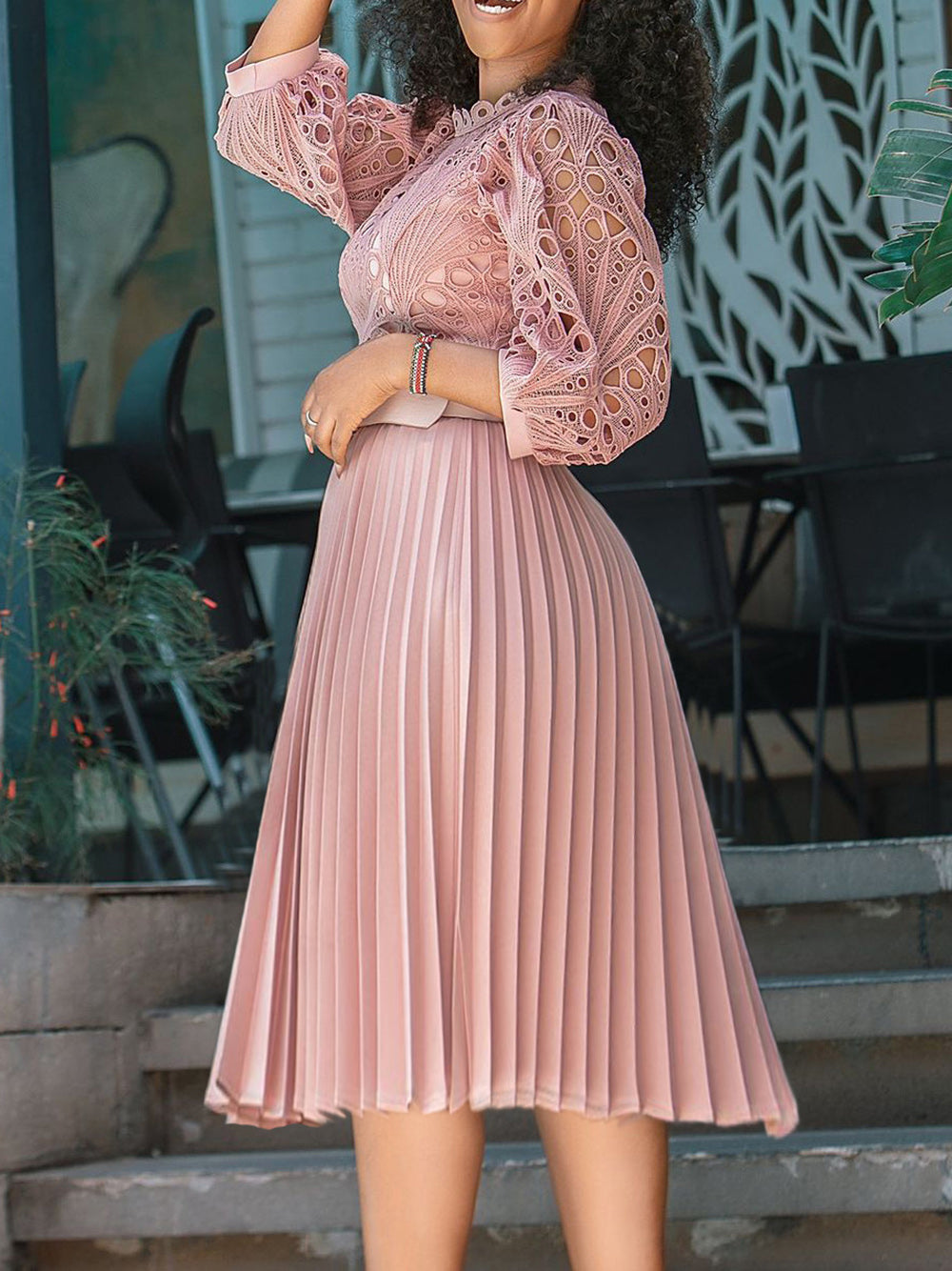 Plus Size Lace Hollow Out Pleated Dress