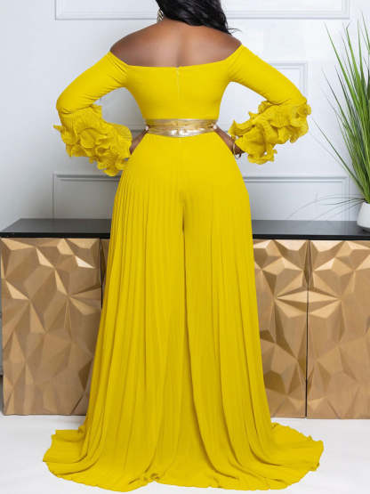 Off-Shoulder Ruffle Pleated Wide Leg Jumpsuit
