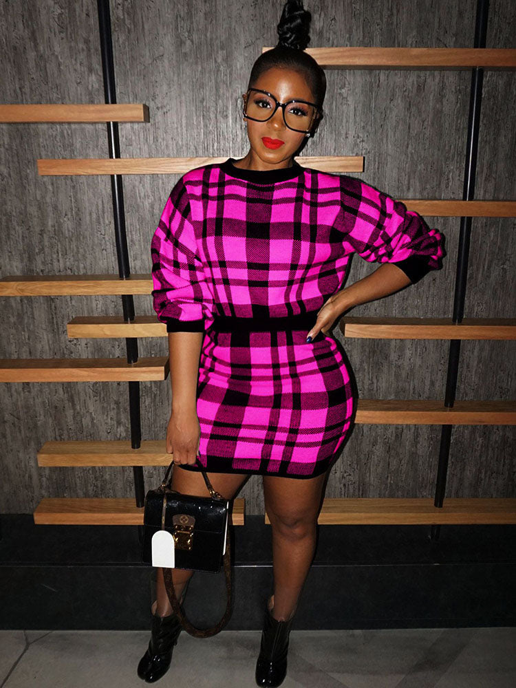 Knit Two Piece Plaid Print Skirt Suit