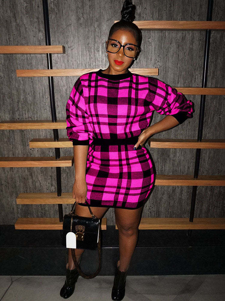 Knit Two Piece Plaid Print Skirt Suit