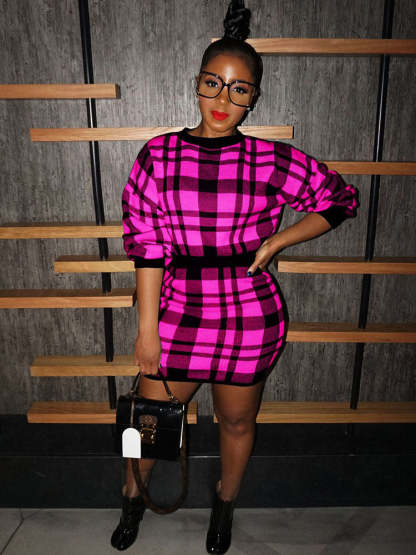 Knit Two Piece Plaid Print Skirt Suit