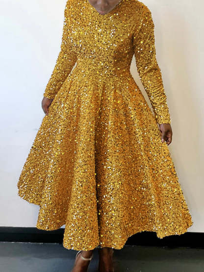 Long Sleeve Solid Color Sequin Dress