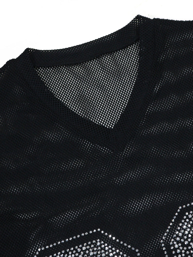 Number Graphic Rhinestone Mesh T-Shirt Dress