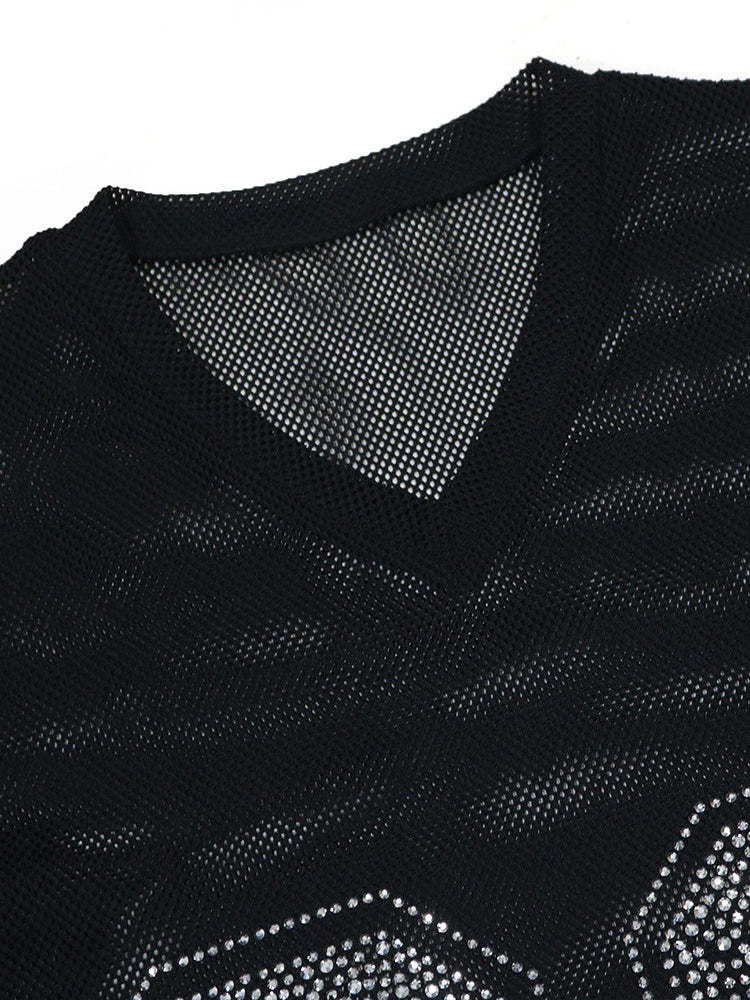Number Graphic Rhinestone Mesh T-Shirt Dress