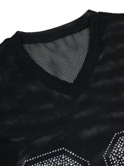 Number Graphic Rhinestone Mesh T-Shirt Dress