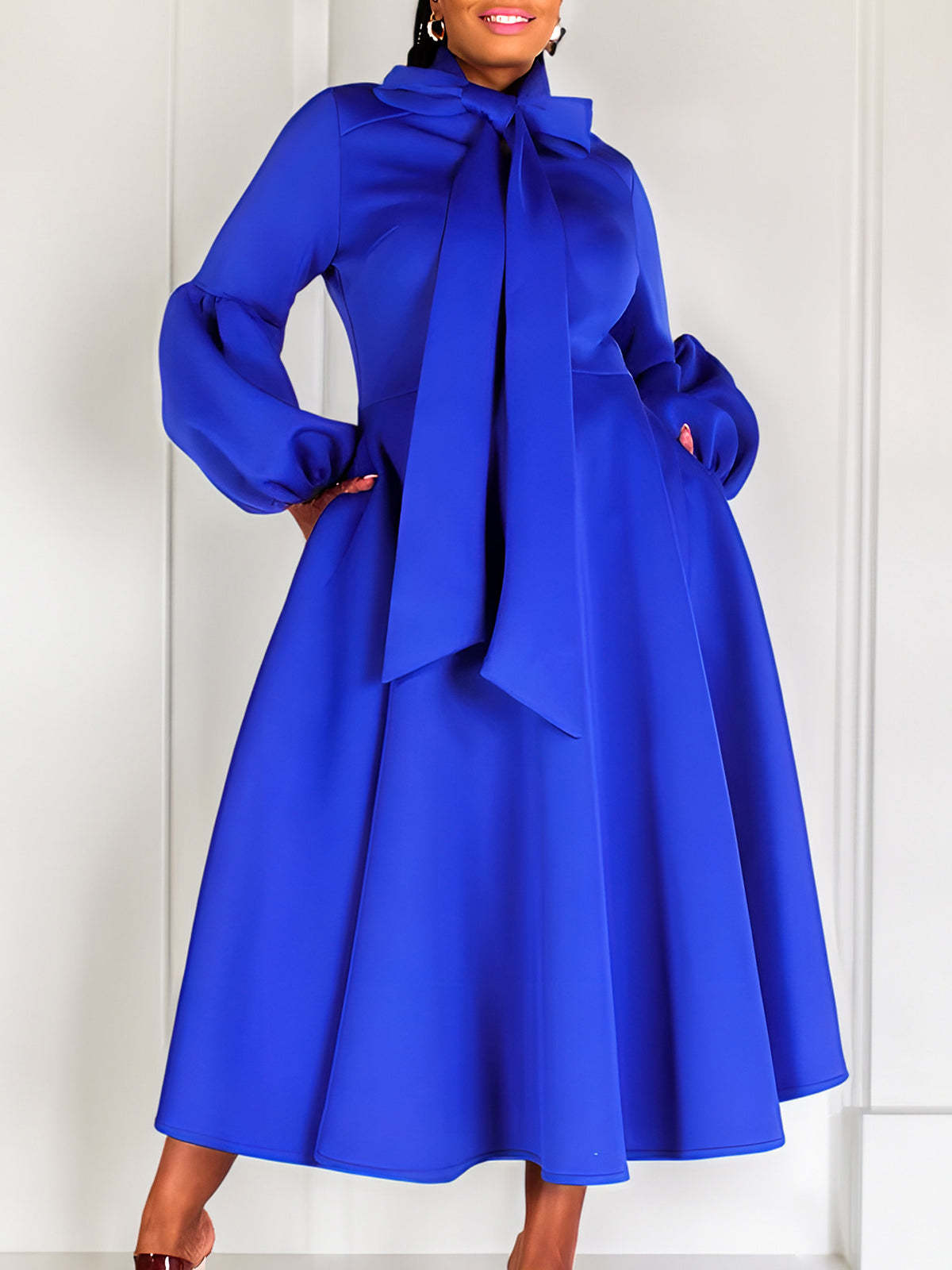 Puff Sleeve Bow-Tie Neck Flared Midi Dress