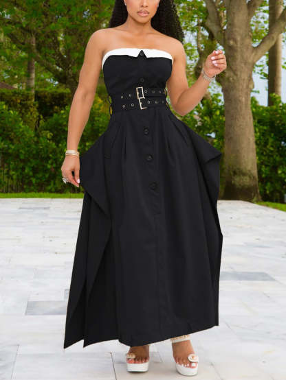 Strapless Button Front Belted A-Line Maxi Dress