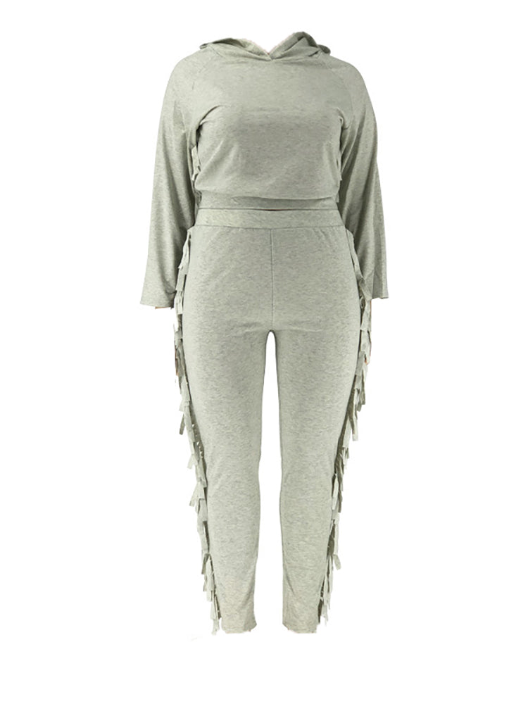 Two Pieces Plus Size Fringe Hooded Tracksuit