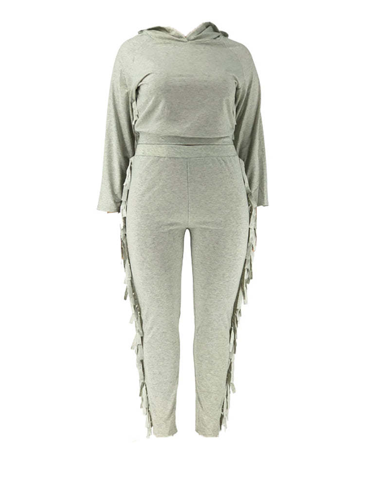 Two Pieces Plus Size Fringe Hooded Tracksuit
