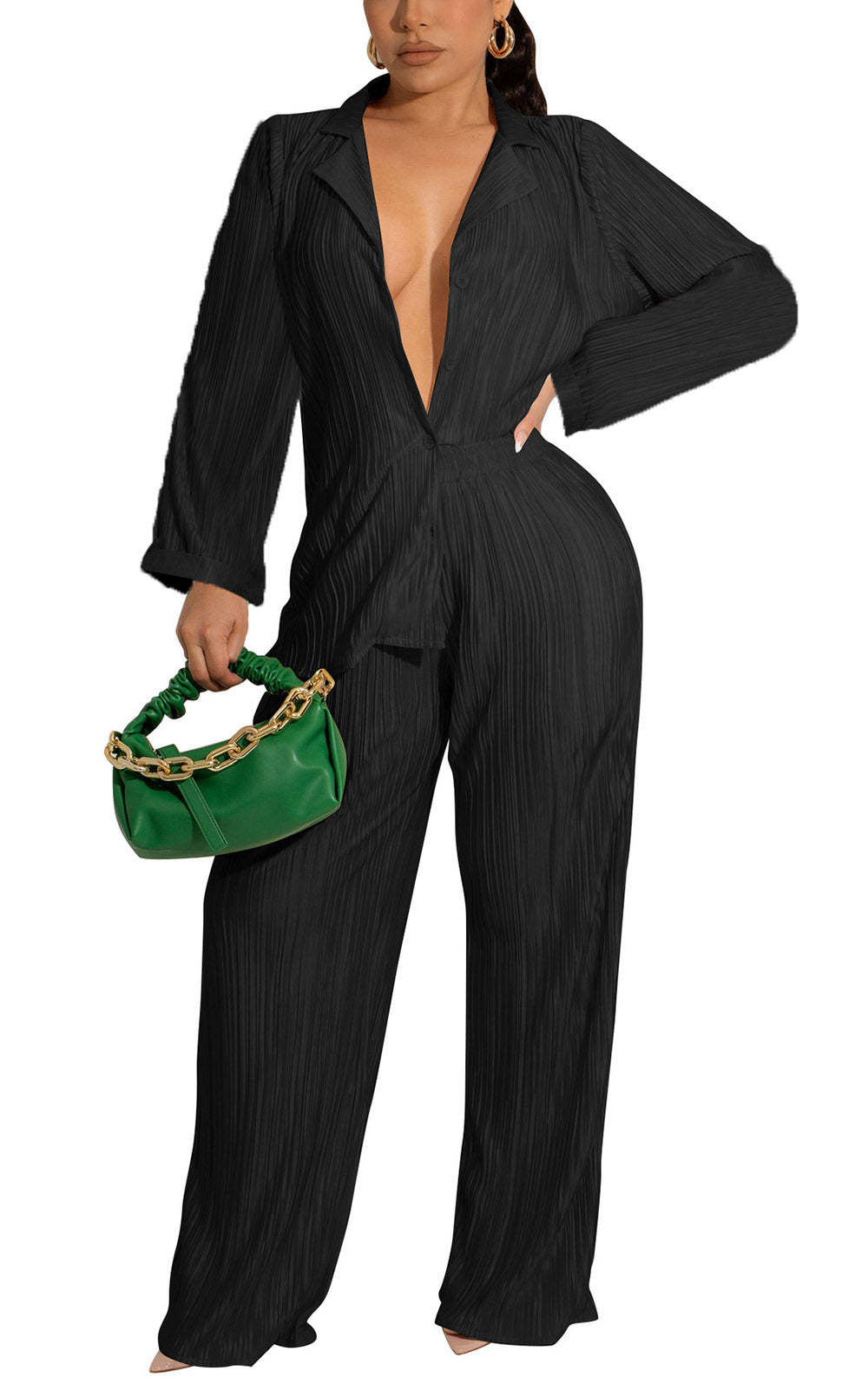 Two Piece Pleated Shirt Wide Leg Pants