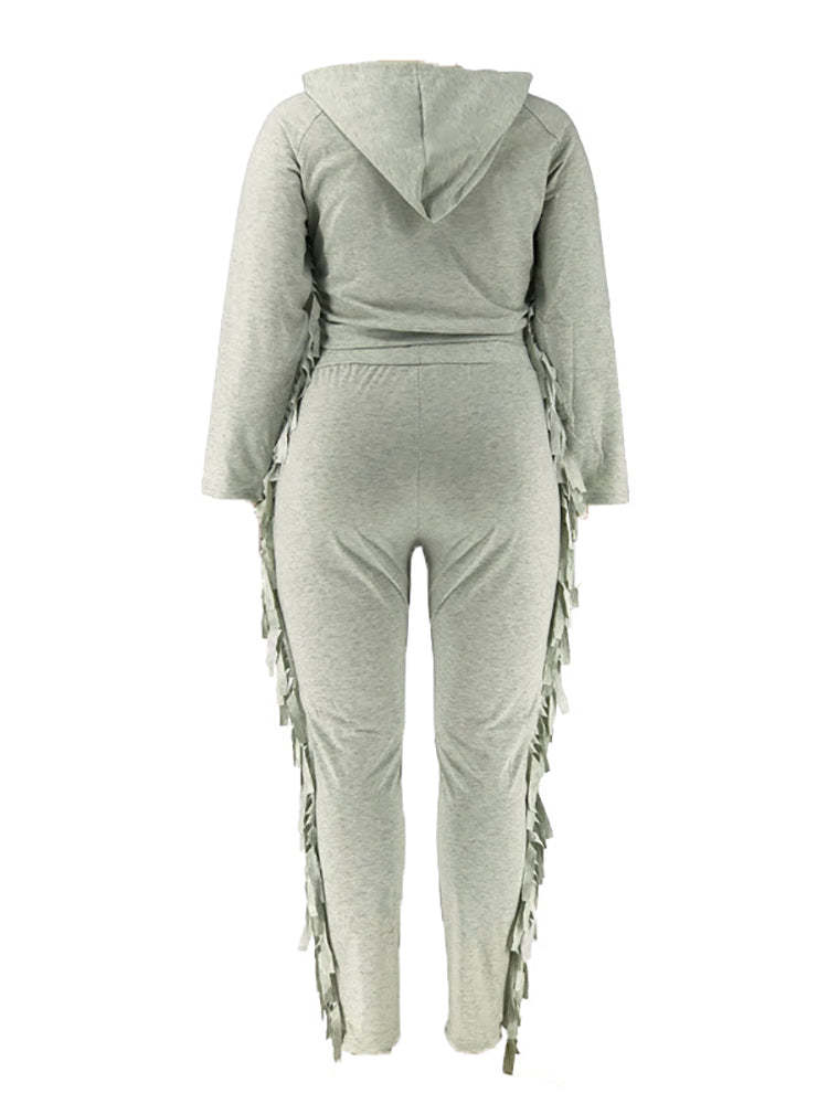 Two Pieces Plus Size Fringe Hooded Tracksuit
