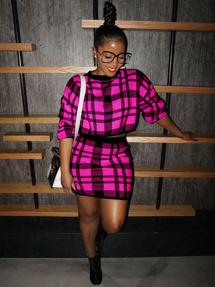 Knit Two Piece Plaid Print Skirt Suit