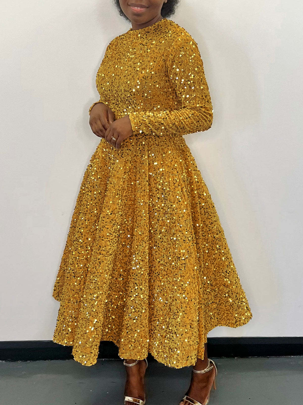 Long Sleeve Solid Color Sequin Dress