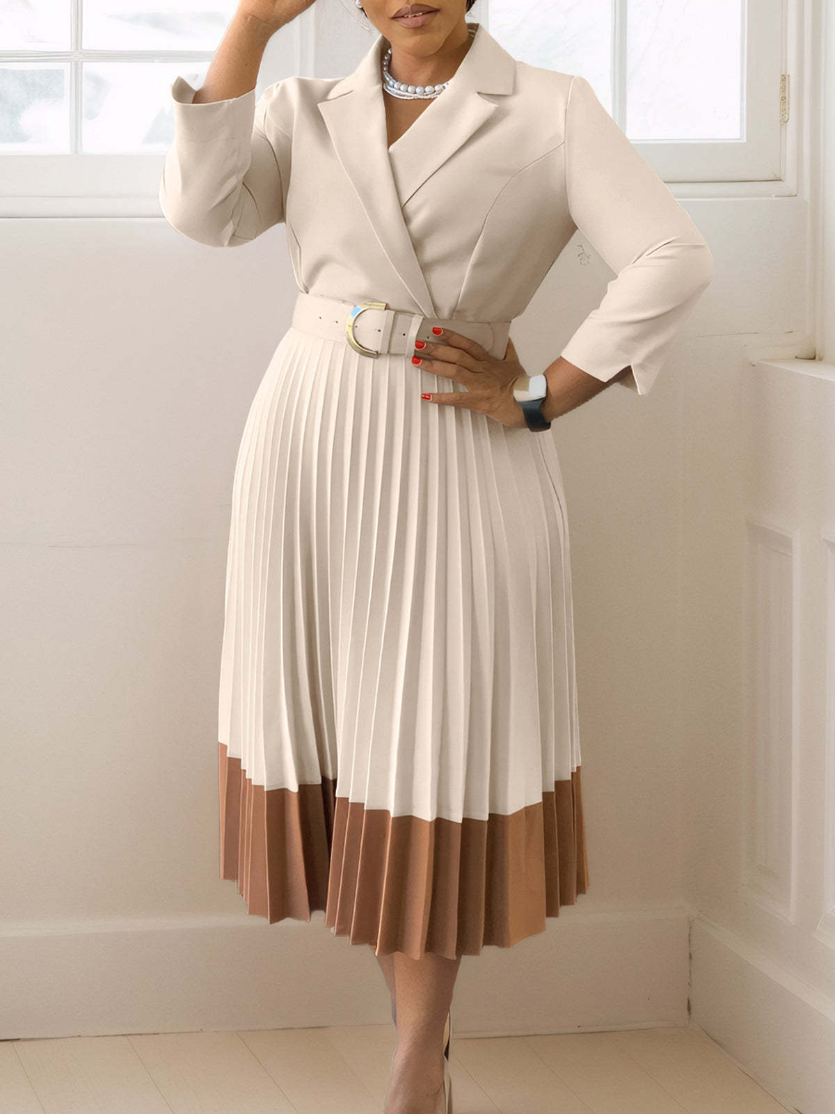 Belted Color-Block Pleated Blazer Midi Dress