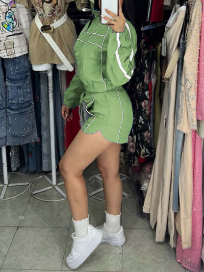 Zipper Colorblock Long Sleeve Shorts Set