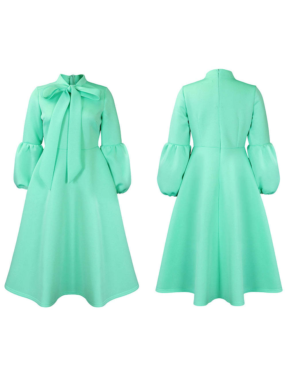 Puff Sleeve Bow-Tie Neck Flared Midi Dress